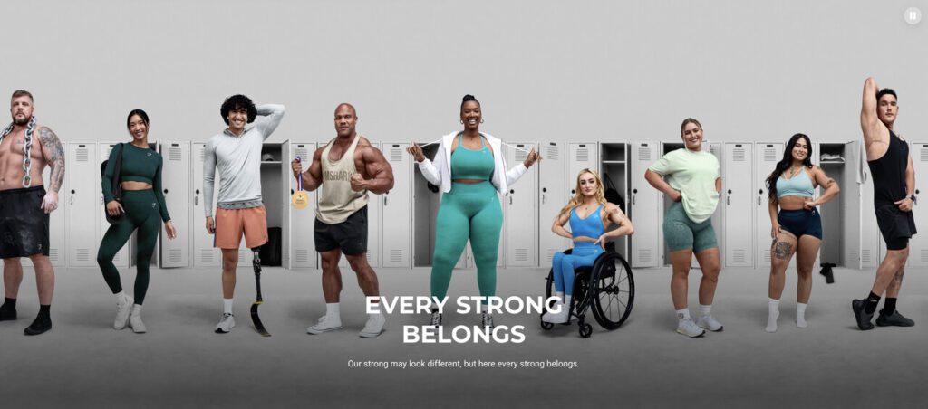 An image from the Gymshark's campaign 'Every Strong Belongs', showcasing a diverse group of athletes.
