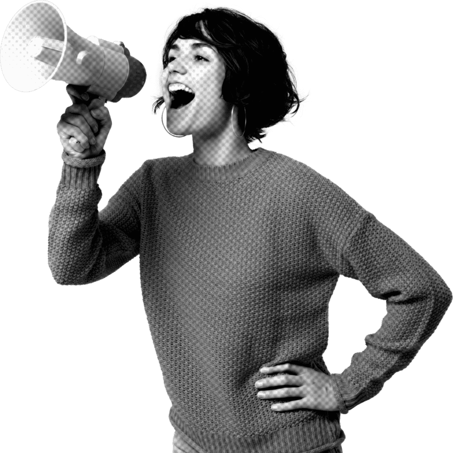 Woman shouting into a megaphone.