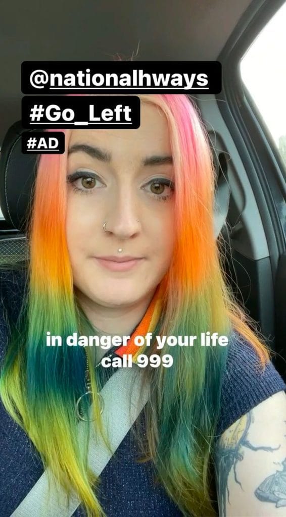 Social media content from the National Highways #Go_Left campaign by an influencer