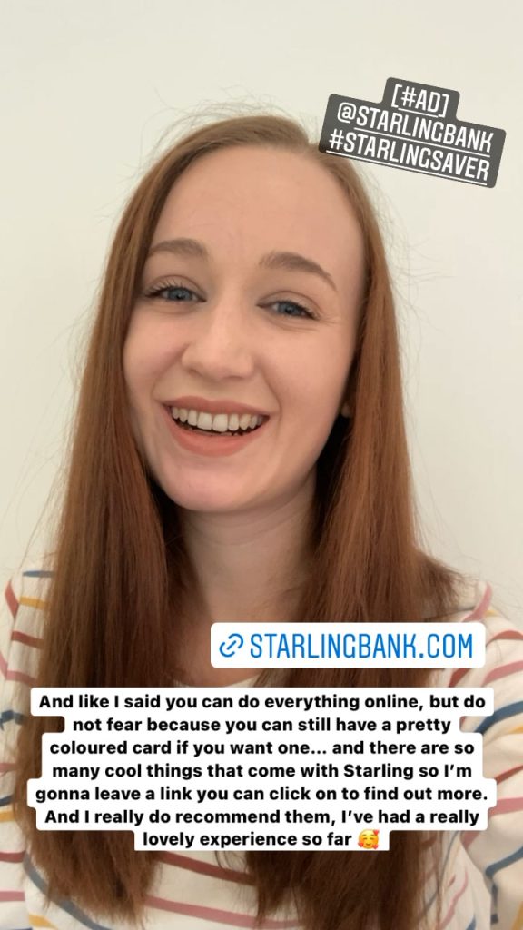 Social media content from the Starling Bank Money Management campaign by an influencer