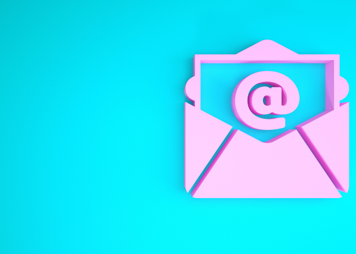 Illustration with a blue background and a pink image of a letter/email being opened.