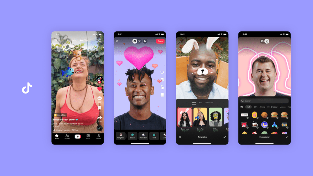 An image with four phone screens showing a diverse range of people using the new AR effects on the TikTok app.
