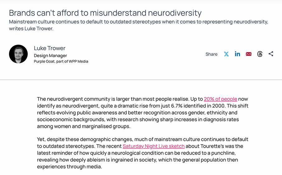 An article written with Purple Goat Design Manager Luke Trower for CreativeBrief. It is titled "Brands can't afford to misunderstand Neurodiversity."