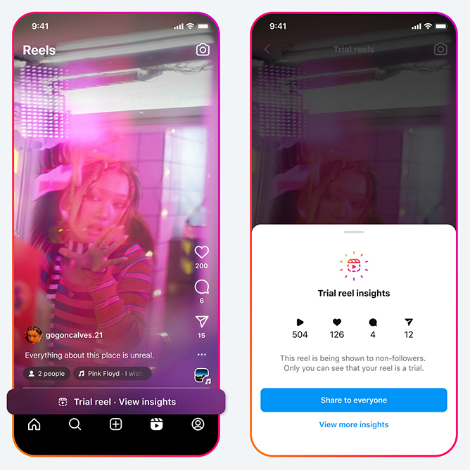 Instagram user interface showcasing trial reels and insights.