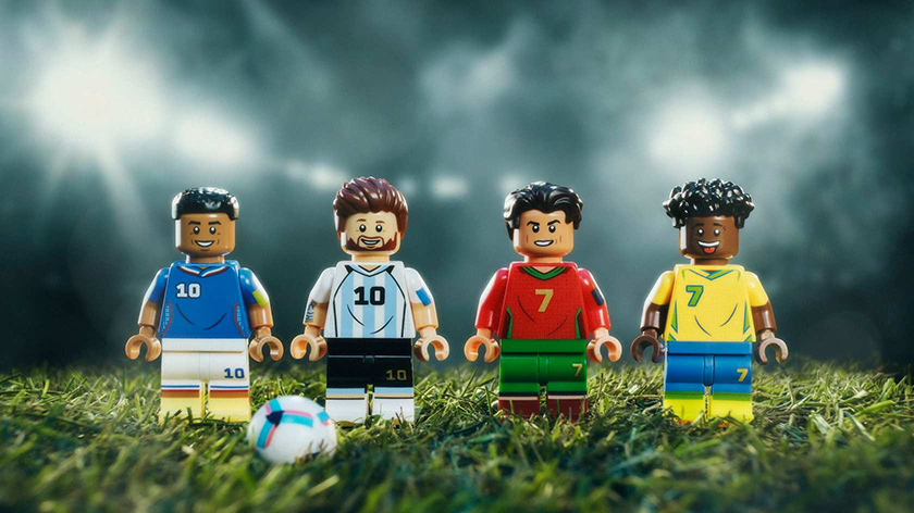 LEGO Minifigures of Cristiano Ronaldo, Kylian Mbappé, Lionel Messi and Vinícius Júnior on a football piece scene.