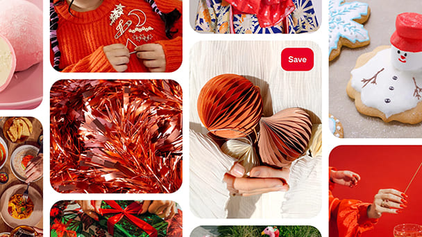 Series of images in a grid format showcasing different traditional winter holiday items, all centred around the colour red.