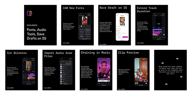 Carousel series showcasing new features on the app 'Edits' including 150 new fonts and being able to import audio from files.