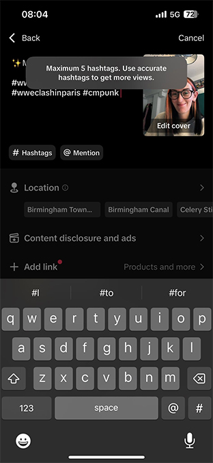 Screenshot of the TikTok user interface where as the user is writing the caption, they are being told that they cannot use more than 5 hashtags.