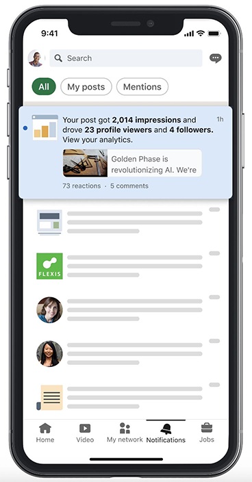 LinkedIn notifications panel with focus on a recent post's metrics. The screenshot shows new, previously unseen metrics such as profile views and followers gained from a post.