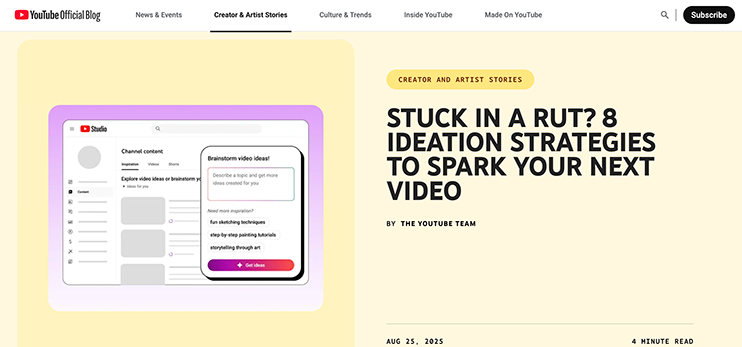 Screenshot of the webpage containing the YouTube article about ideas generation.