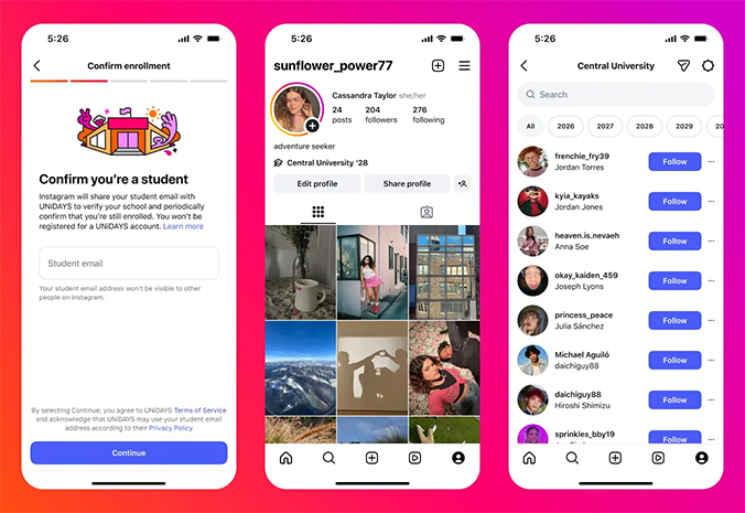 Set of Instagram interfaces showing how to confirm university enrolment and what will show on your profile as a result.