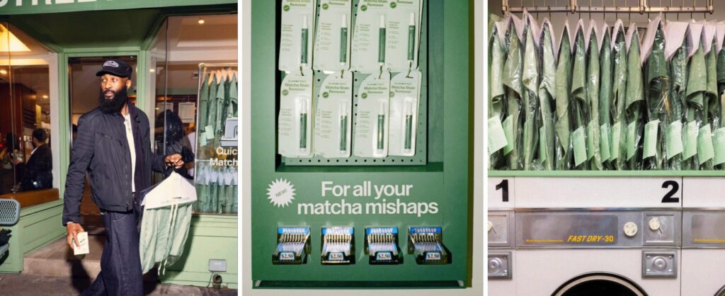 Three images showing the Blank Street pop-up in New York with dry cleaning and matcha stain remover pens.