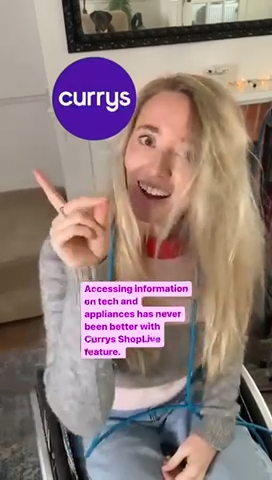 Screenshot of a woman looking as if she has just realised something while pointing to the Currys logo. Text at the bottom reads: "Accessing Information on tech and appliances has never been easier with Currys ShopLive feature."