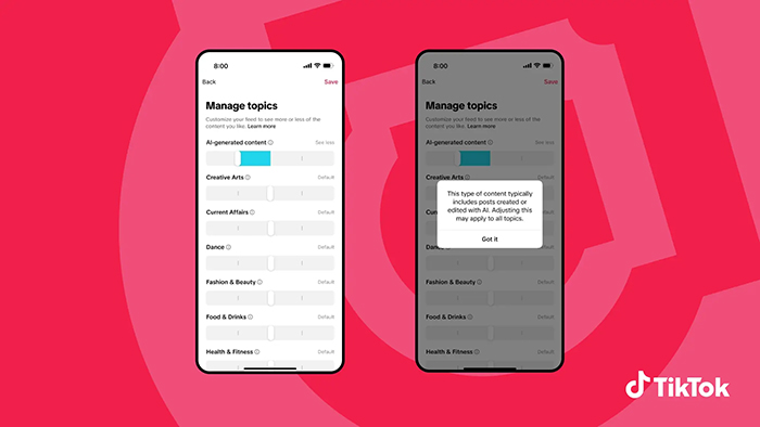 Phone screens showing the user decreasing the amount of AI content they hope to see in their feed using a slider.