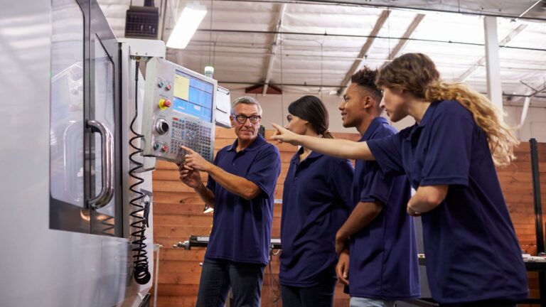 Three young people being shown how to use a machine by an older man in an engineering setting.
