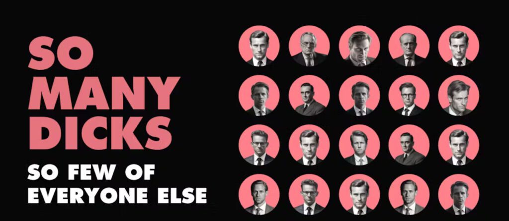 Image from Elf's report that says 'So many dicks, so few of everyone else' with some headshots of white men on the right.