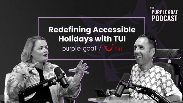 Podcast episode/Youtube video cover with Marina Snellenberg, a white blonde woman, and Martyn Sibley, a white man on a powered wheelchair. The title is 'Redefining accessible holidays with tui'.