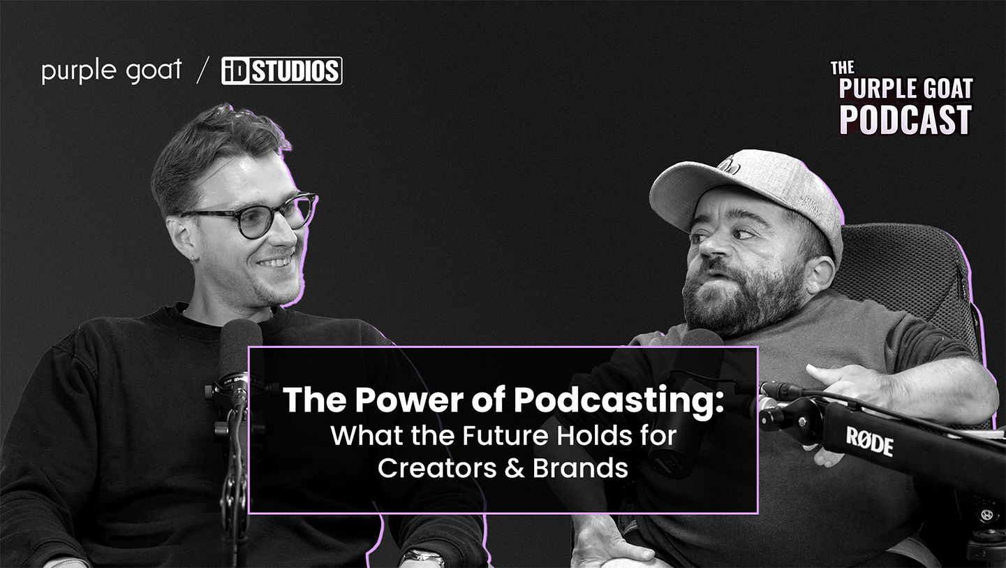 Episode cover with Jordan, a white male with glasses, and Dom, a white man in a wheelchair. The title is 'the power of podcasting: what the future holds for creators and brands'.