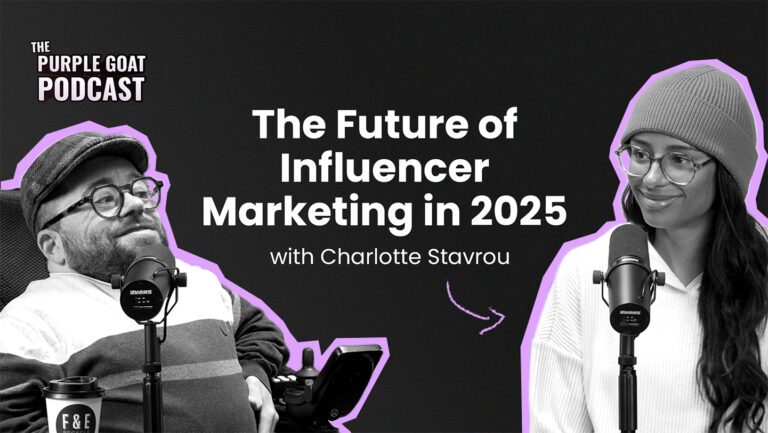 Cover of podcast episode with a cut out of Dom, a disabled white man with glasses, and Charlotte Stavrou, a black woman wearing a white jumper. The title of the episode is in the middle and it says 'The future of influencer marketing in 2025'.