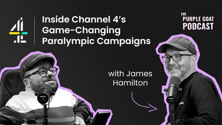 Cutout of Dom sitting across from guest James Hamilton in a podcast studio. Text at the top reads: "Inside Channel 4's Game-Changing Paralympic Campaigns."