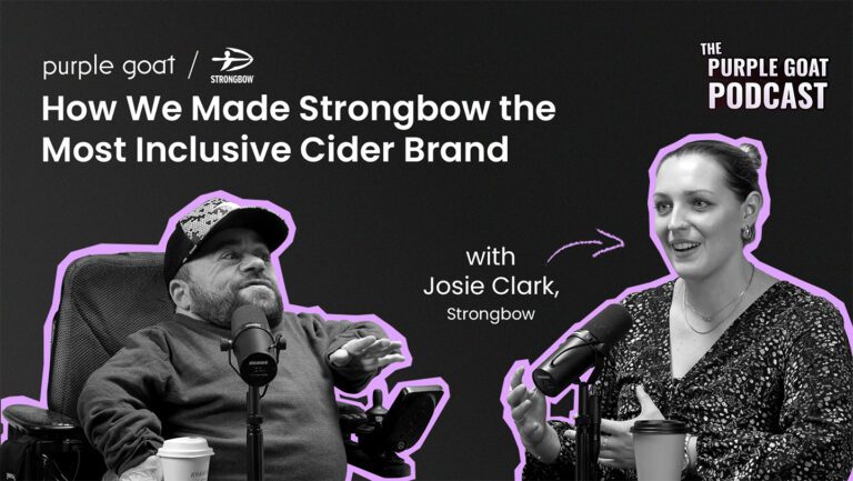 Podcast episode cover with Dom and Josie Clark, from Strongbow. Dom is a small white man wearing a cap, Josie is a white female wearing a floral top. The title of the episode is 'How we made Strongbow the most inclusive cider brand'. With Purple Goat and Strongbow's logo next to it.
