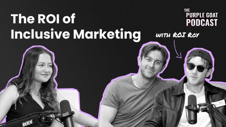 Podcast episode cover on 'the roi of inclusive marketing' with cut outs of Josie, Bill and ROI Roy.