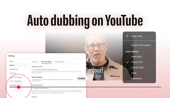 A graphic showing where users can find auto dubbing on the YouTube interface.