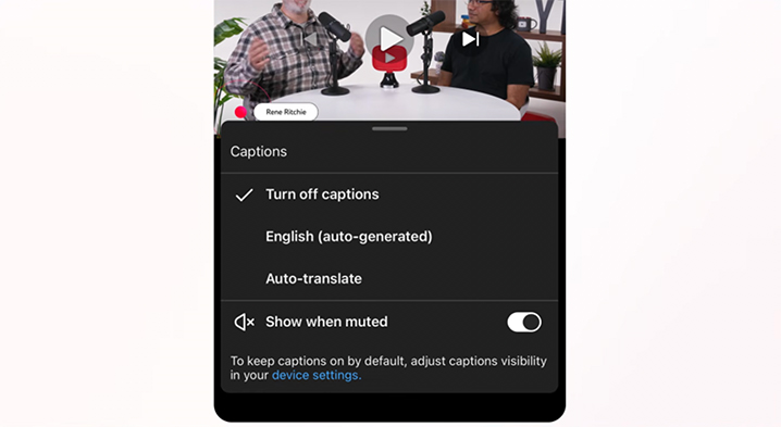 Screenshot of the YouTube update on mobile where the new option to show captions when muted is enabled.