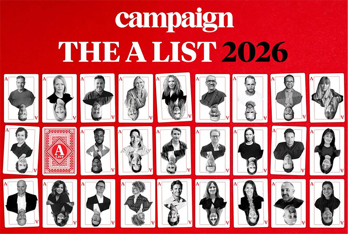 Graphic showcasing many of the individuals who are part of Campaign's 2026 A List. Their portraits are arranged in the style of playing cards.
