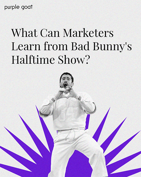 Opening slide of a carousel titled: "What can marketers learn from Bad Bunny's halftime show?" On it is a picture of Bad Bunny making a heart shape with his hands.