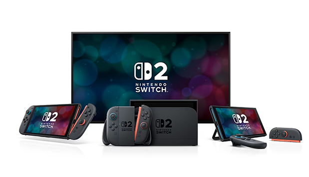 Brand image of the Nintendo Switch 2 in various console modes on different screens.