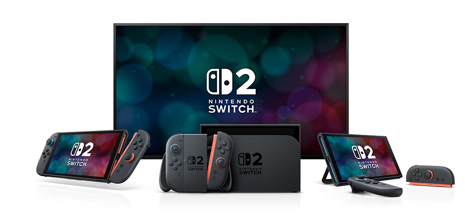 Brand image of the Nintendo Switch 2 in various console modes on different screens.