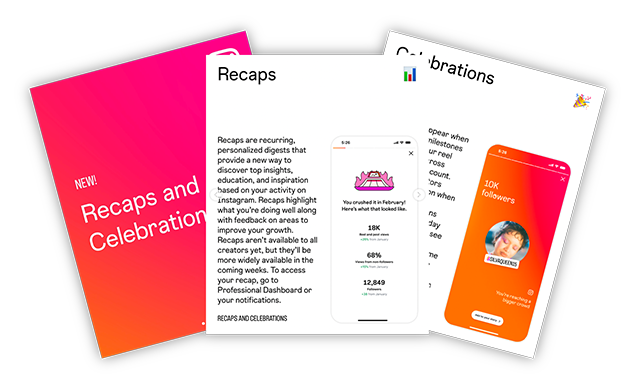Carousel from the 'creators' Instagram page demonstrating the new prompts, including recaps and celebrations.