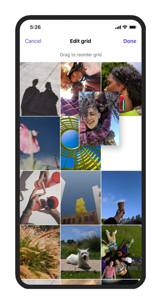 New user interface on Instagram showcasing how users will be able to rearrange their profile grid.
