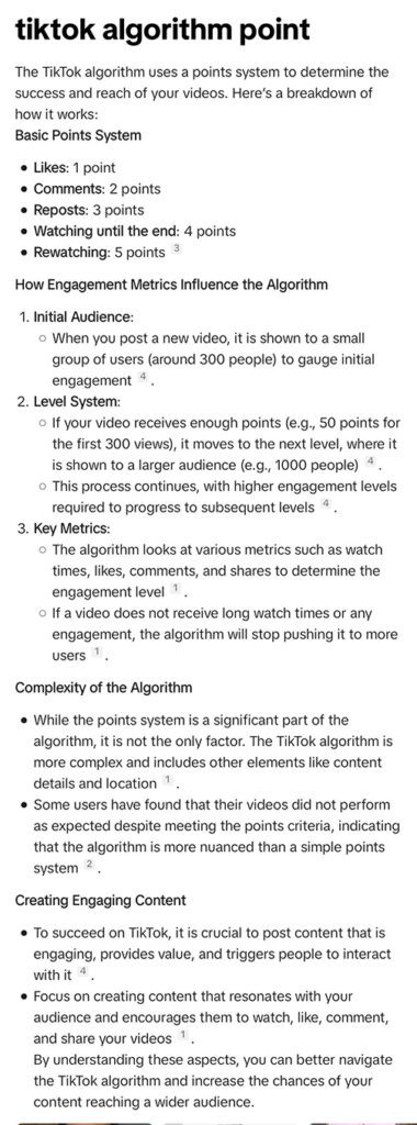 Long screenshot discussing the nuances of the TikTok algorithm, such as rewatching being the most effective thing.