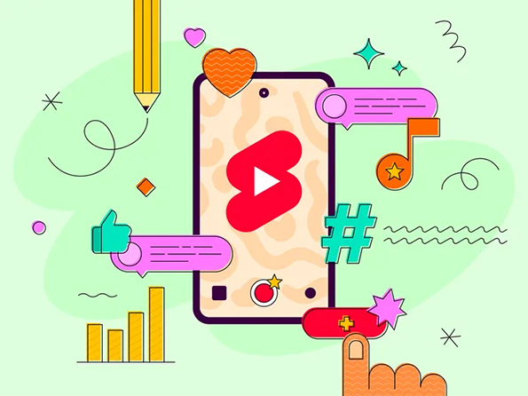 Colourful vector illustration with lots of decorative graphics coming together to showcase YouTube Shorts on a mobile.