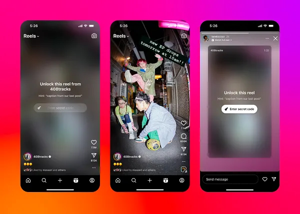Instagram screenshots showcasing a story on the 408Tracks account, where the viewer must insert a code to view it.