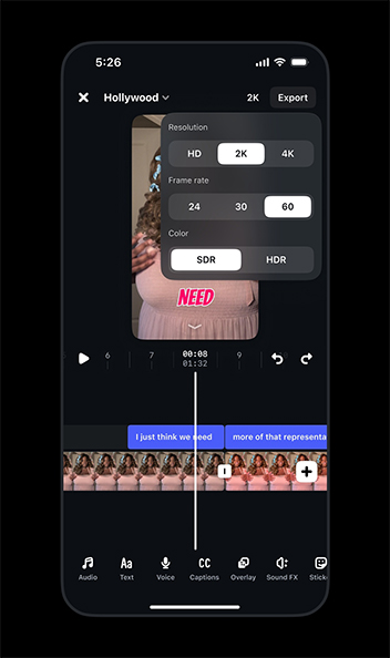 Editing a video in the 'Edits' app, where the phone screen showcases some of the quality features that users can choose between.