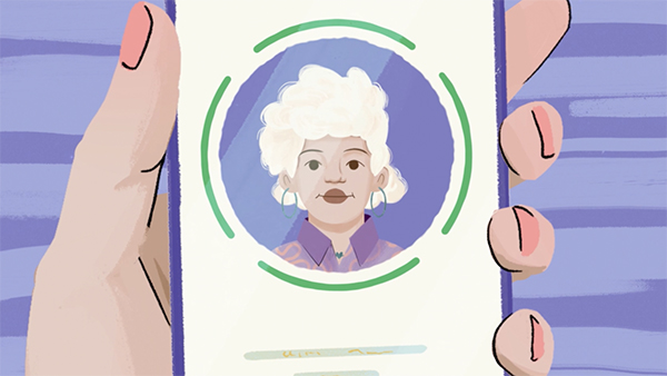 Digital illustration of someone holding their phone, having just taken a selfie. The Meta app is using this to verify age.