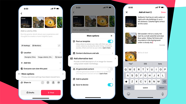 Screenshots of the TikTok user interface showcasing how users can add alt text to photos through the "more options," section before posting.