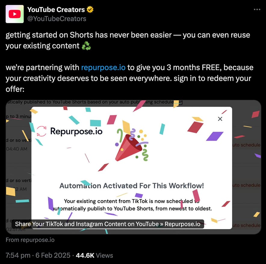 Message from YouTube Creators on X explaining the new partnership with repurpose dot IO.