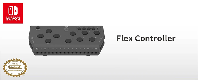 Product photo of the Hori Flex, the Nintendo Switch accessible controller. Text around the outside shows how it is the official accessible controller for this console.