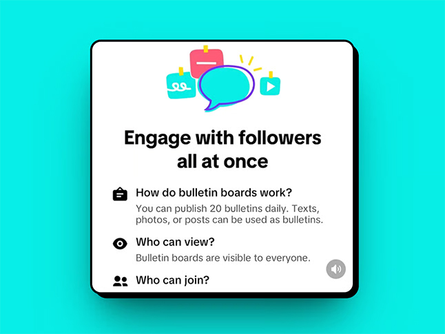 Graphic advertising TikTok bulletin boards. You can publish 20 bulletins daily which can be texts, photos or posts to reach a wide range of followers at once.