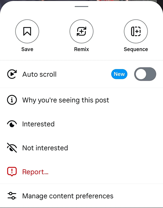Pop-up of Instagram features. At the top is a new feature, deactivated, called "Auto scroll."