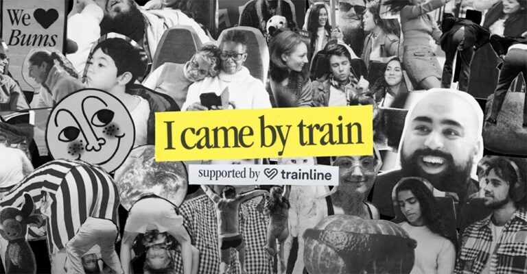Frame from the end of the advert showcasing a collection of images of people in monochrome. Text overlay reads: "I came by train: supported by TrainLine."