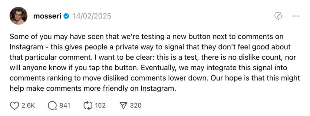 Threads post from Mosseri explaining the new Instagram dislike button and its purpose in helping to drive down unfriendly comments.