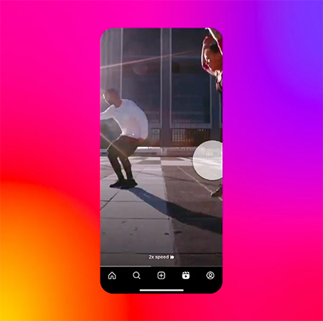 An Instagram Reel with an icon demonstrating where to press your finger to make the Reel play at 2x speed.