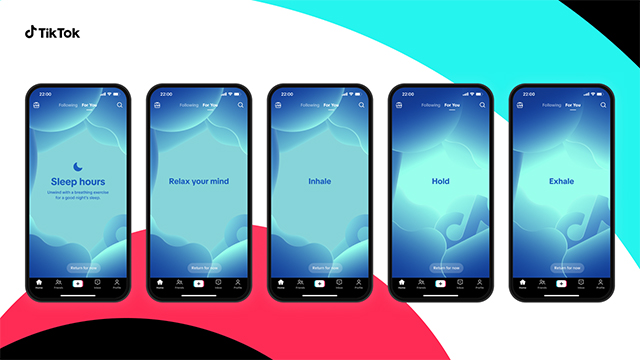 A series of TikTok screens showcasing the meditation prompts that TikTok takes you through.