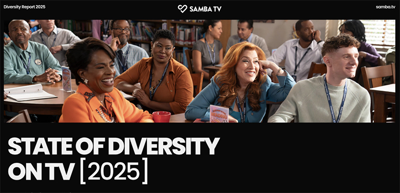 Front page of a report by Samba TV titled "State of Diversity on TV [2025]." Feature image shows a group of employees of different ethnicities sitting at tables listening to someone at the front of the room out of shot.