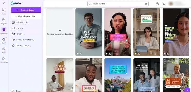 Canva user interface showing all of the new LinkedIn video templates.